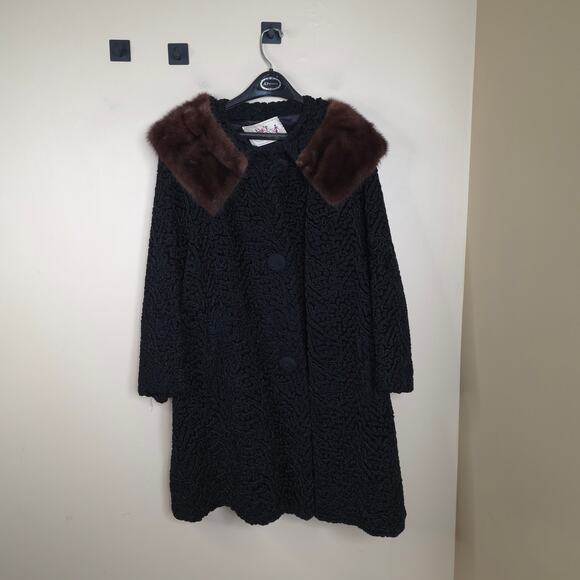 Vintage Rubin's Swirled Heavy Long Lined Coat with Fur Collar in Black Size XL - Picture 1 of 12